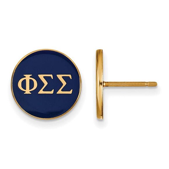 14K Plated Silver Phi Sigma Sigma Blue Enamel Disc Post Earrings - Picture 1 of 3